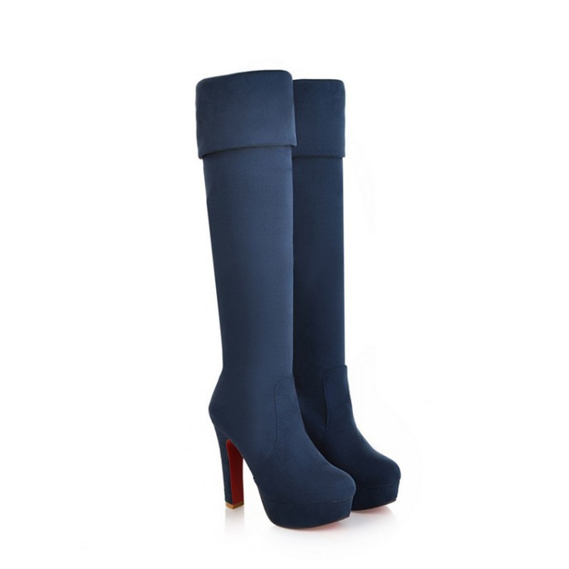 Women Boots Super High Heels Slip On Over The Knee Sexy Long Boots Female Platform Stretch Patchwork Flock Two Ways Wear