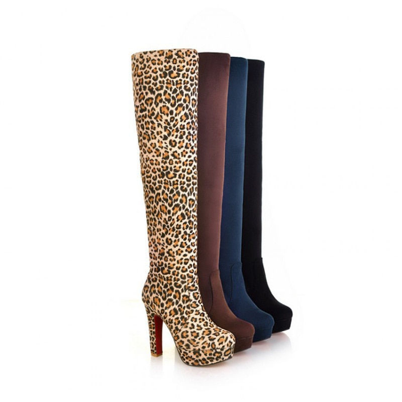 Women Boots Super High Heels Slip On Over The Knee Sexy Long Boots Female Platform Stretch Patchwork Flock Two Ways Wear