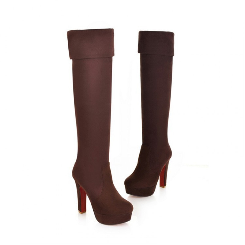 Women Boots Super High Heels Slip On Over The Knee Sexy Long Boots Female Platform Stretch Patchwork Flock Two Ways Wear