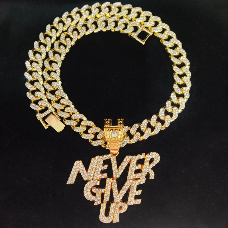 Men Women Hip Hop NEVER GIVE UP Pendant Necklace 13mm Crystal Cuban Chain HipHop Iced Out Bling Necklaces Fashion Charm Jewelry