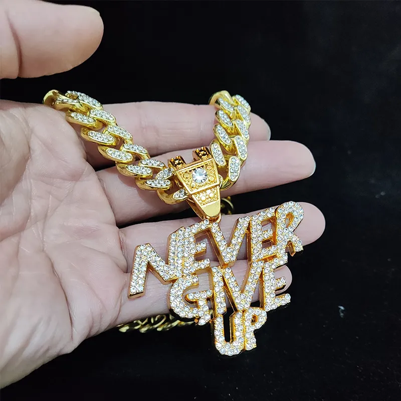Men Women Hip Hop NEVER GIVE UP Pendant Necklace 13mm Crystal Cuban Chain HipHop Iced Out Bling Necklaces Fashion Charm Jewelry
